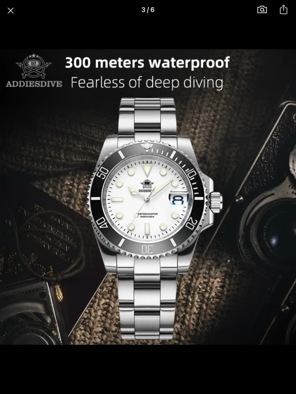 New ADDIESDIVE Stainless Steel Dive Watch - White Dial, Black Bezel